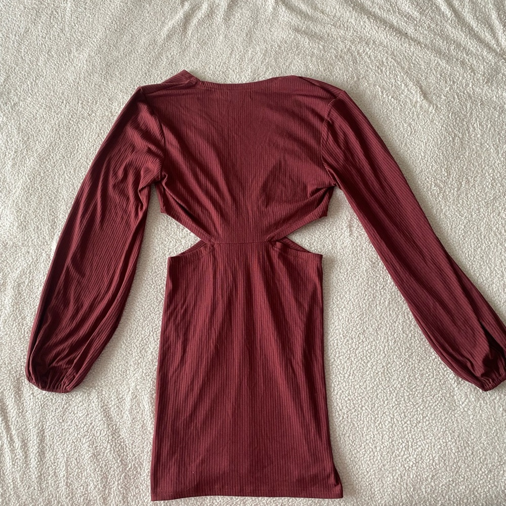 Pink Lily Rust Cutout Mini Dress | Long Sleeve Ribbed | Size Medium - Picture 3 of 4